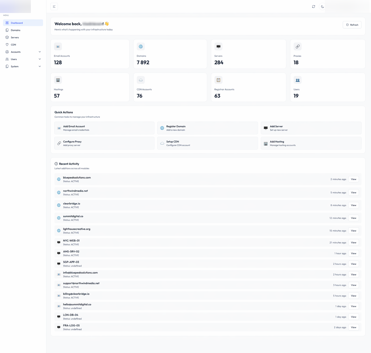 Domain management platform dashboard